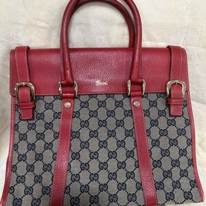 Gucci Vintage Red and Navy GG Monogram Satchel